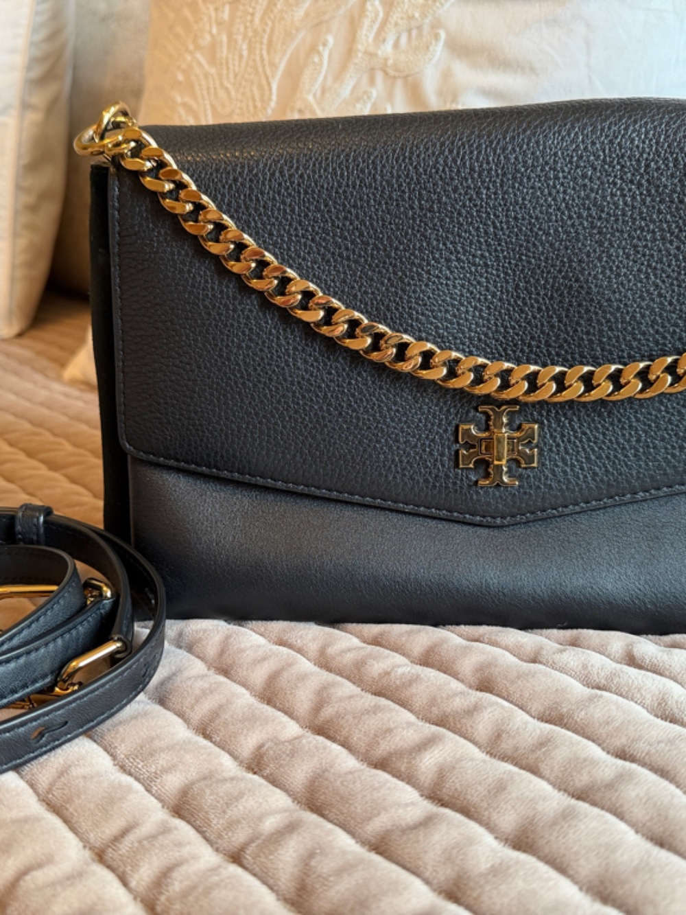 Tory Burch Black Leather Crossbody with Gold Chain